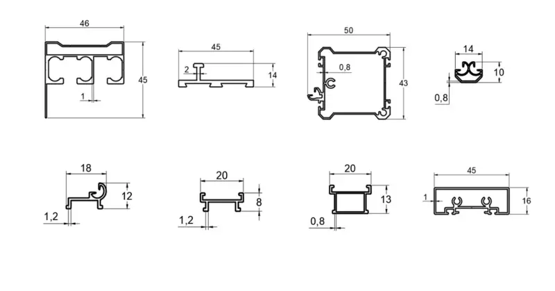 Chi tiết các mặt cắt của khung nhôm