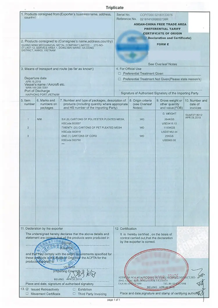 Chứng nhận CO, CQ nhập khẩu nguyên vật liệu