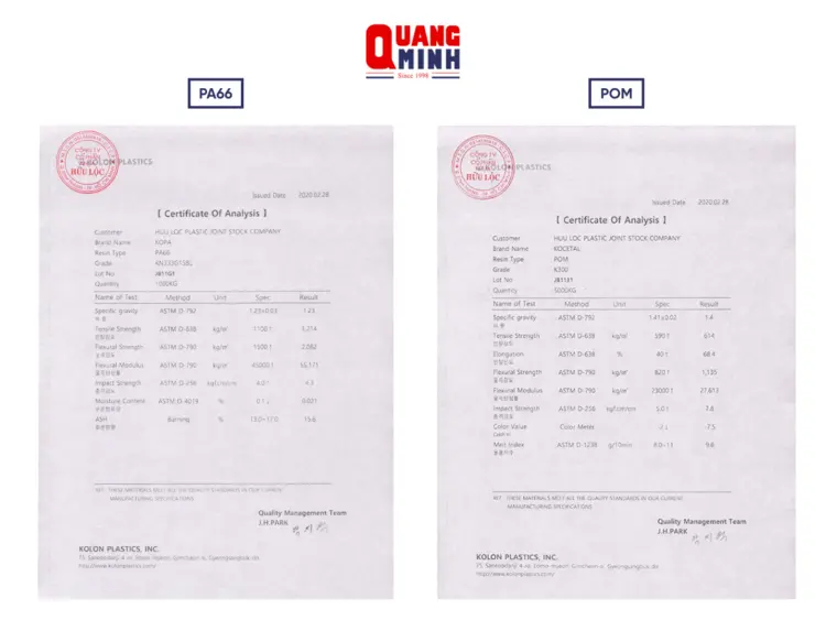 Chứng nhận phân tích hạt nhựa PA66 và POM