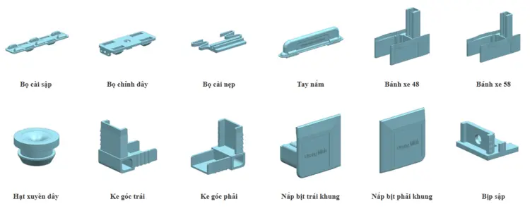 Tổng hợp các chi tiết nhựa trong cửa lưới chống muỗi kết hợp rèm