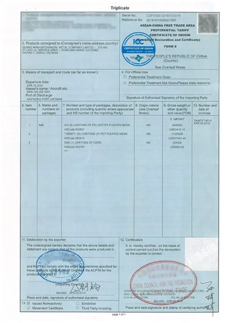 Chứng chỉ nhập khẩu (CO, CQ) lưới polyester