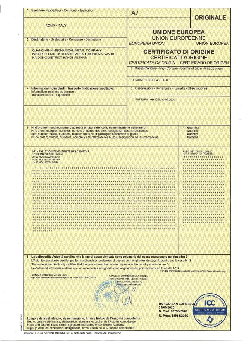 Chứng nhận xuất xứ lưới sợi thuỷ tinh